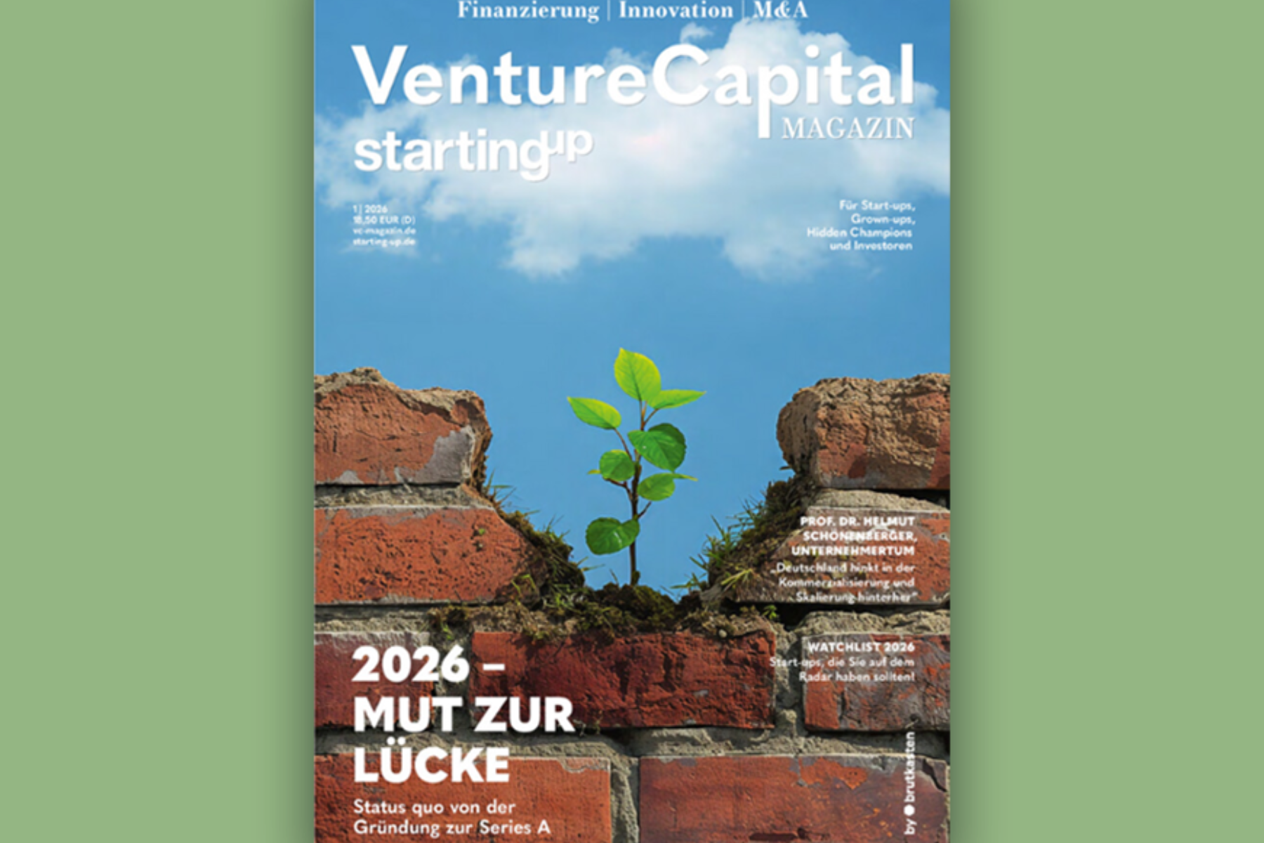 Magazincover des „VentureCapital Magazin starting up“, Ausgabe 1/2026. Zwischen auseinandergebrochenen Ziegelsteinen wächst eine grüne Pflanze vor blauem Himmel. Titelthema: „2026 – Mut zur Lücke. Status quo von der Gründung zur Series A“.