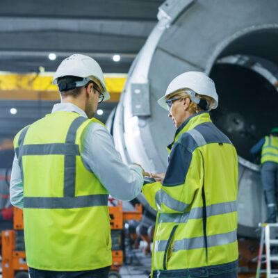 Eine Frau und ein Mann stehen in gelber Sicherheitskleidung und einem Helm vor einer großen Maschine und schauen gemeinsam auf ein Dokument. Im Hintergrund sieht man eine große Halle und Personal, dass an der Maschine arbeitet.